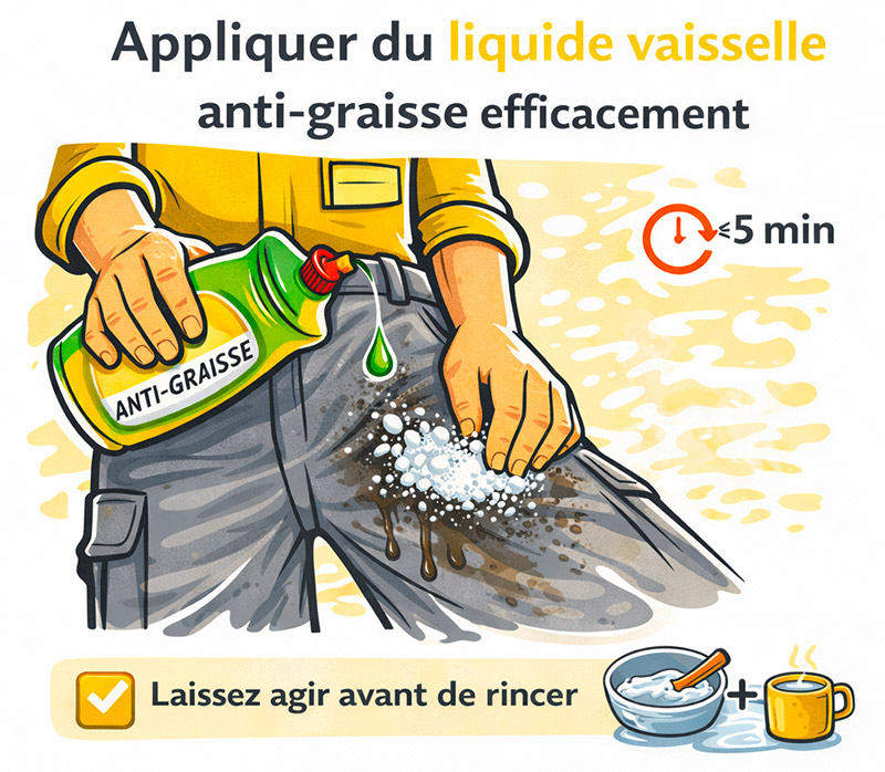 Liquide vaisselle pour enlever tache de graisse sur vêtement de travail